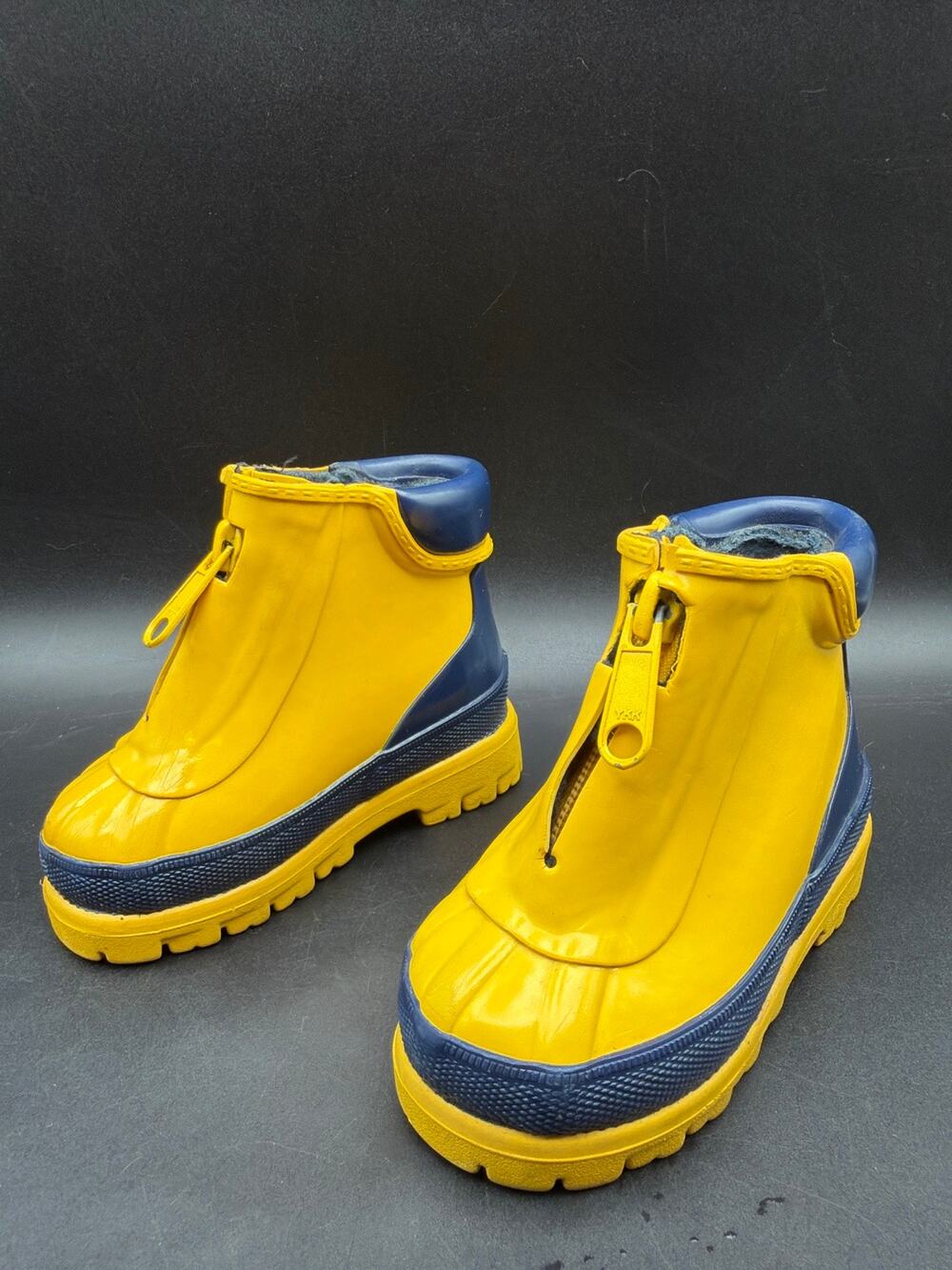 Kids Yellow Navy Waterproof Rubber Rain Boots Front Zip Size 5 Unbranded